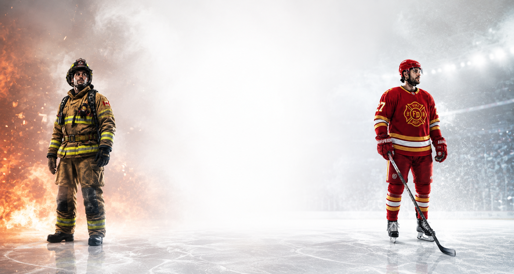 A firefighter in turnout gear and a firefighter hockey player facing each other on arena ice